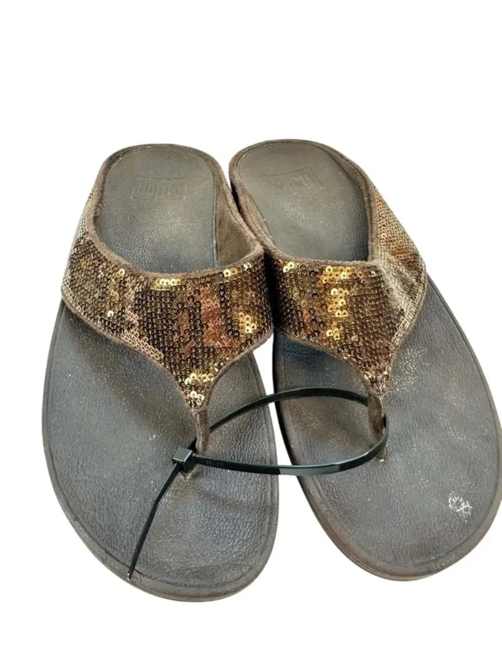 FitFlop Ringer Sequin Bronze Toe Post Sandals Womens 8 Platform Comfort